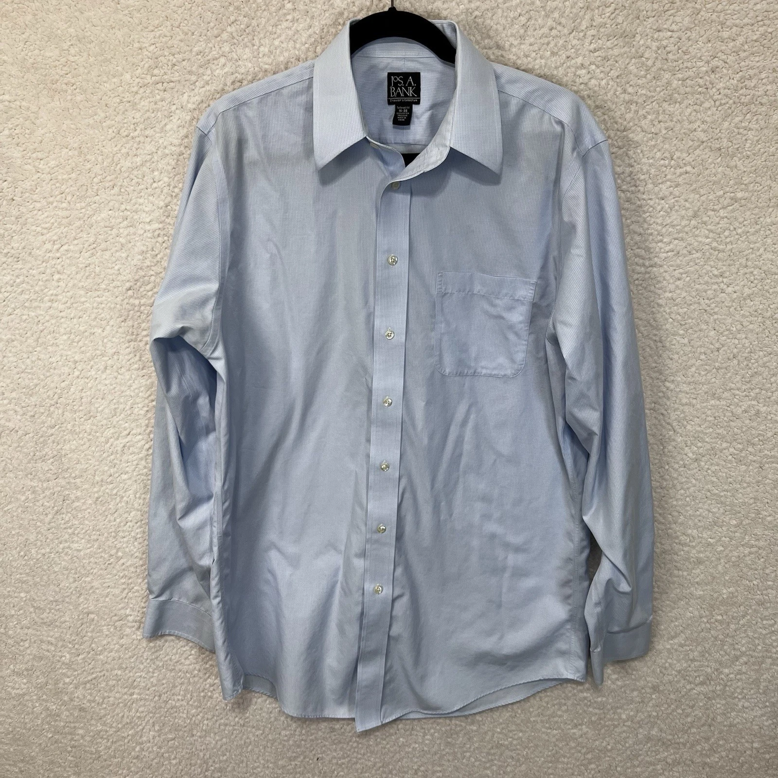 Jos A Bank Travelers Tailored Fit Shirt Mens 16/35 Light Blue Micro Check