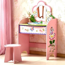 Kids Vanity Set with Mirror and Stool, Beauty Makeup Vanity Table with Large Dra