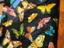 FABRIC REMNANTS LIGHT WEIGHT COTTON VIBRANT BUTTERFLIES ON BLACK 3 YDS X 44"