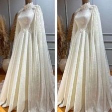 Vintage High Neck Wedding Dresses Lace Cape Textured Satin A Line Bridal Gowns