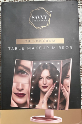Savvy Comfort Tri-Folded LED Lighted Pink Table Makeup Mirror, ABS Glass