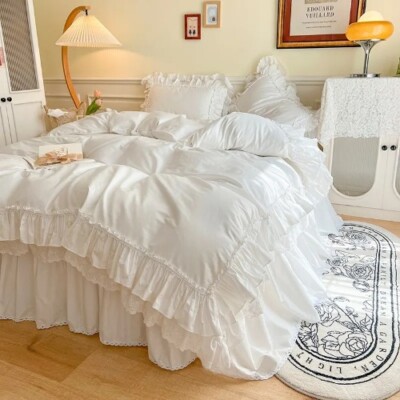 PremiumCotton 4/6Pcs Pink Bedding Set Ruffle Exquisite Craft DuvetCover Bedskirt
