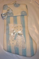 CHRISTMAS HOLIDAY STOCKING BLUE IVORY BABY BOY 1ST SEASONAL HOME DECOR UNISEX
