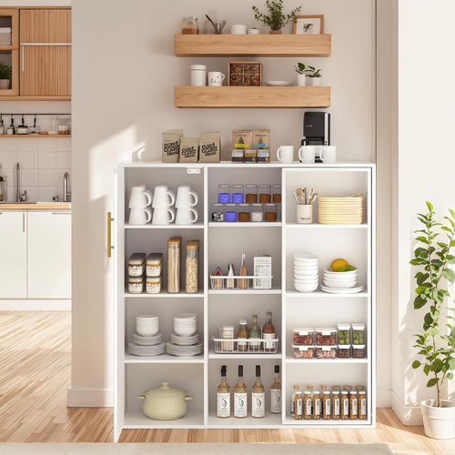 4-Tier Floor Cabinet, Kitchen Pantry Storage with Door and Adjustable Shelves, F - Picture 2 of 7