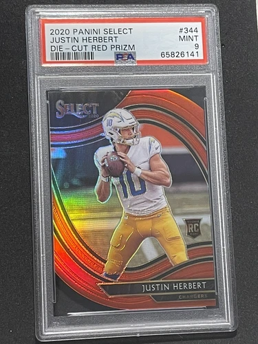 JUSTIN HERBERT 2020 PANINI SELECT FIELD LEVEL #344 RC RED PRIZM DIE-CUT PSA 9