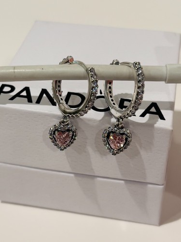 PANDORA 925 ALE Pink Sparkling Halo Heart Hoop Earrings w/ Box - Picture 3 of 4