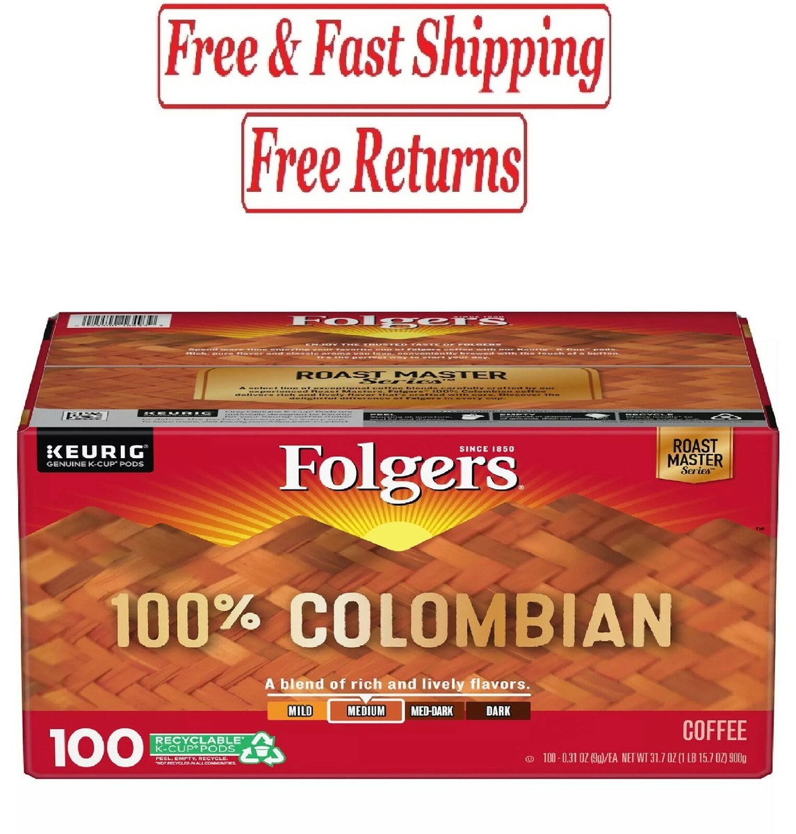 Folgers 100% Colombian Medium Roast Coffee K-Cups (100 FREE