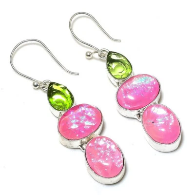 Triole Opal, Peridot Topas Edelstein 925 Sterlingsilber Handgemacht Ohrring S-43 - Bild 1 von 4