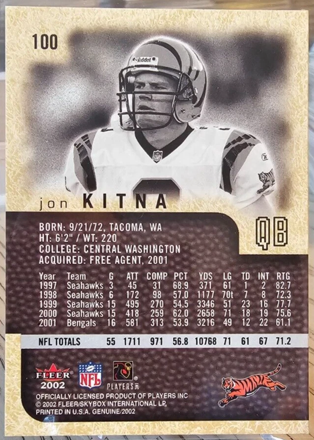 2002 Fleer Genuine Jon Kitna #100 Bengals - Image 2 of 2