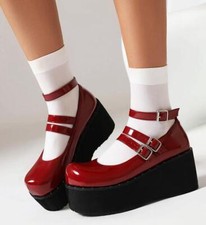 Women Wedge High Heel Shiny Pu Leather Round Toe Buckle Platform Pump Shoes
