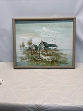 Vintage Painting On Canvas Framed. Church With Out Buildings