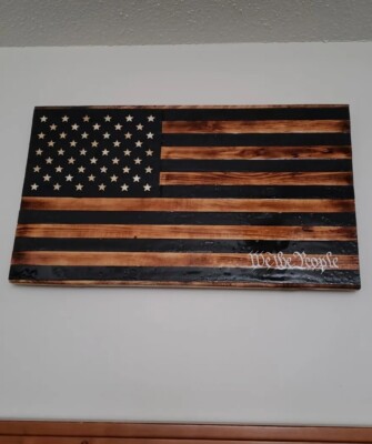 Handmade American Wooden Flag 36×20 Charred Stripes ''We The Peeple'' 