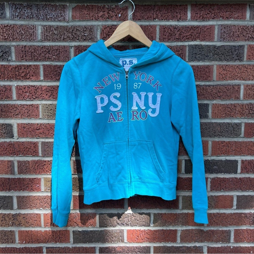 トップス simply complicated hoodie vintage blue P.S. Teal Blue Girl's Vintage Style Zip Up Hoodie Sweatshirt