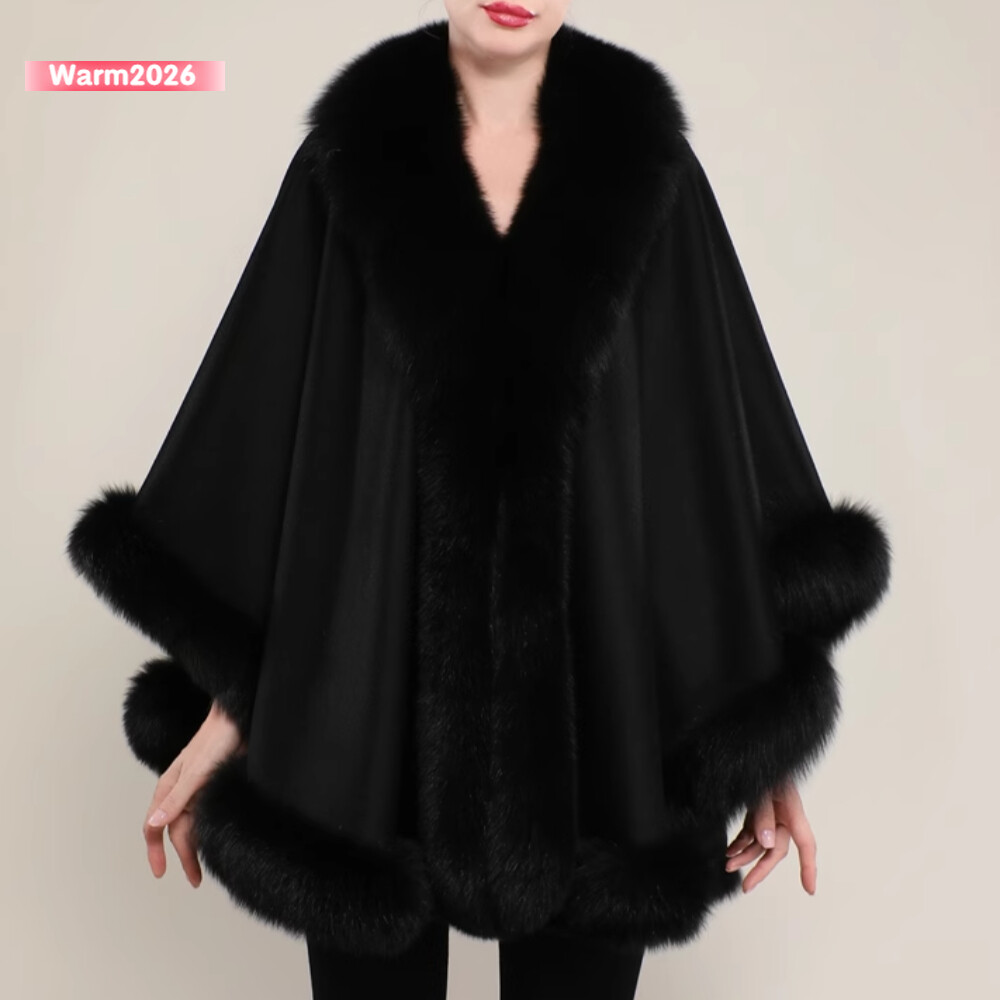 Black Cashmere Cape with Fox Fur Collar Shawl Trim All Around One