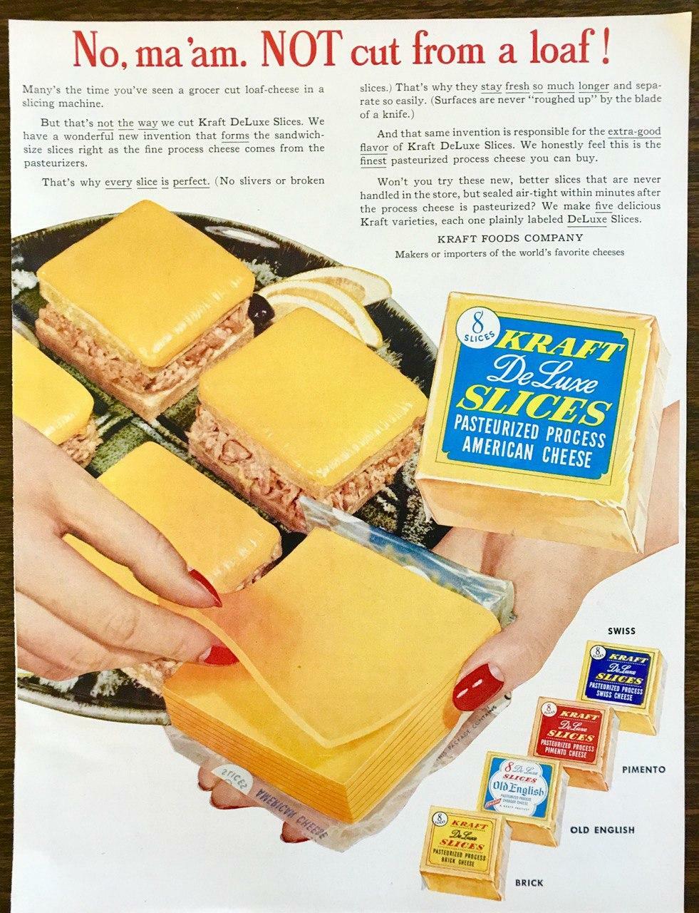 1952 Kraft Deluxe American Cheese Slices PRINT AD No Ma'am Not Cut From