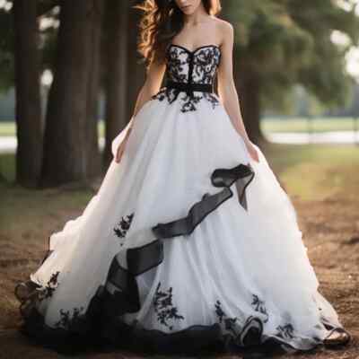 Black+White Vintage Wedding Dress Lace Appliques A Line Gothic Lace-Up Back  Long