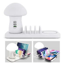 Mushroom 3-Port USB Hub Dock LED Lamp Desktop Charging Station+Wireless Charging