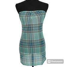 Urban Outfitters Mini Dress Womens Size M Green Plaid Sheer Strapless