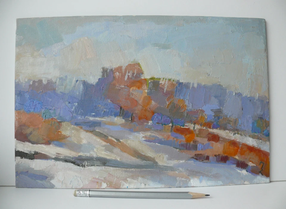 Original Oil Painting Landscape Winter Snowy Scenery Nature Forest 8"x 12" - Image 3 of 4