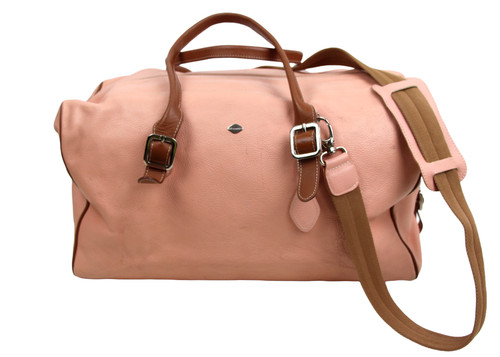 I SANTI PINK BROWN GENUINE LEATHER ZIP TOP CARRY ON OVERNIGHT DUFFEL TRAVEL BAG