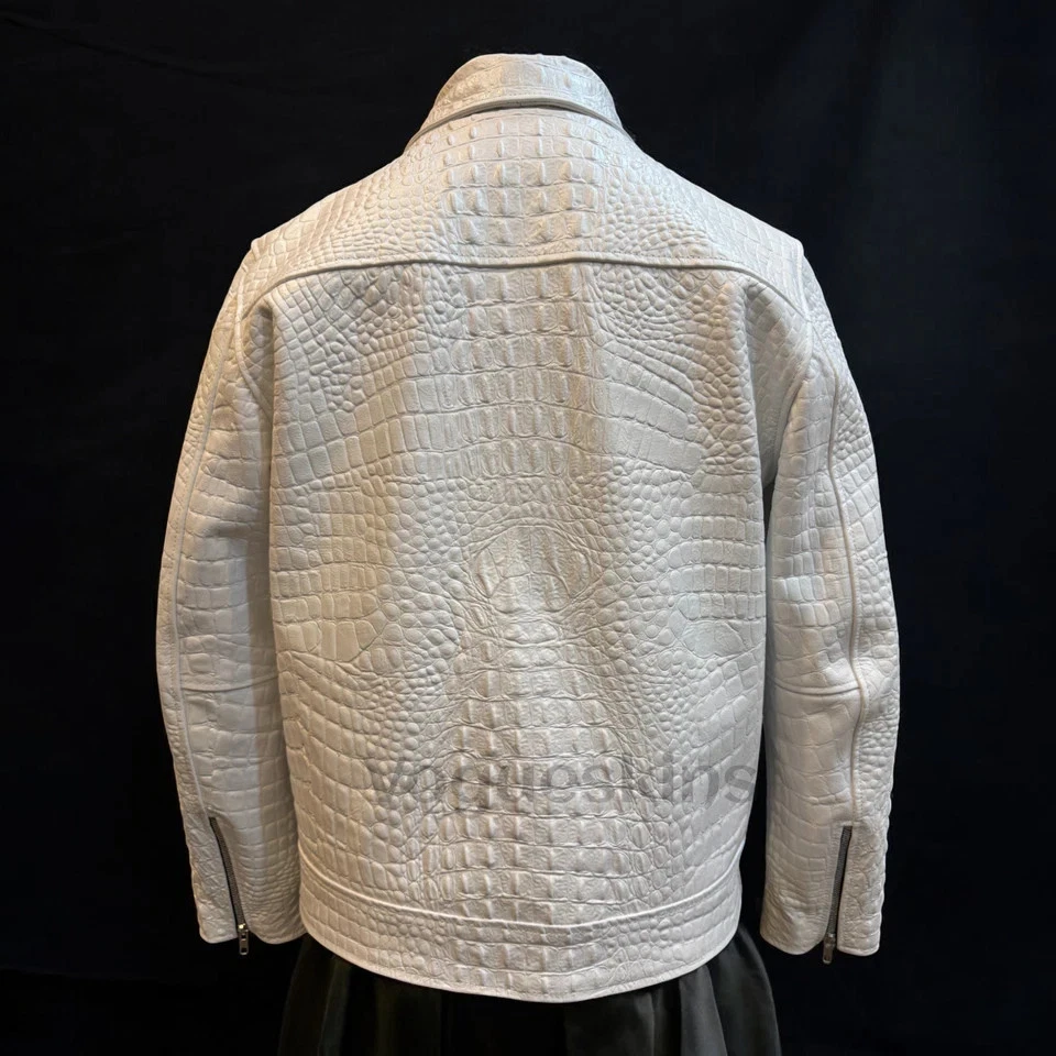 Men's Leather Jacket White Alligator Embossed Crocodile Leather Jacket new - Image 2 of 4