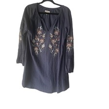 Cupio Women's Size Medium Blue Peasant Embroidered Boho Mini Dress