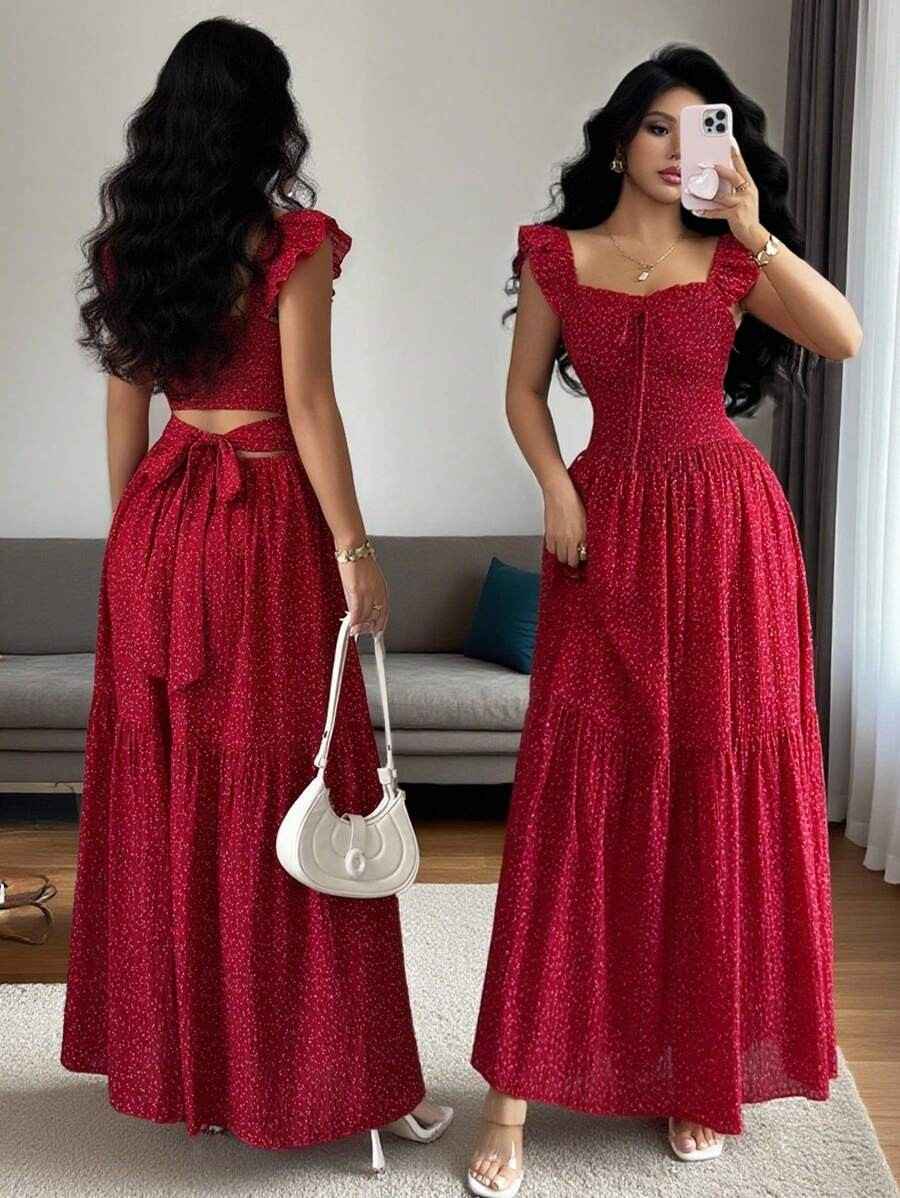 French Elegant Sweetheart A-Line Midi Dress Flounce Sleeve Boho Vacation Wear