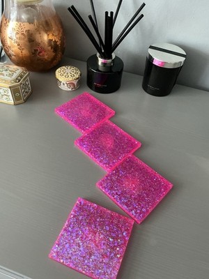 Getränke Untersetzer Quadratisch Form In Hot Pink Glitzer X 4