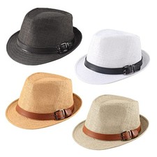 4 Pack Straw Fedora Hat for Men Women Short Brim Trilby Hat Medium B-02