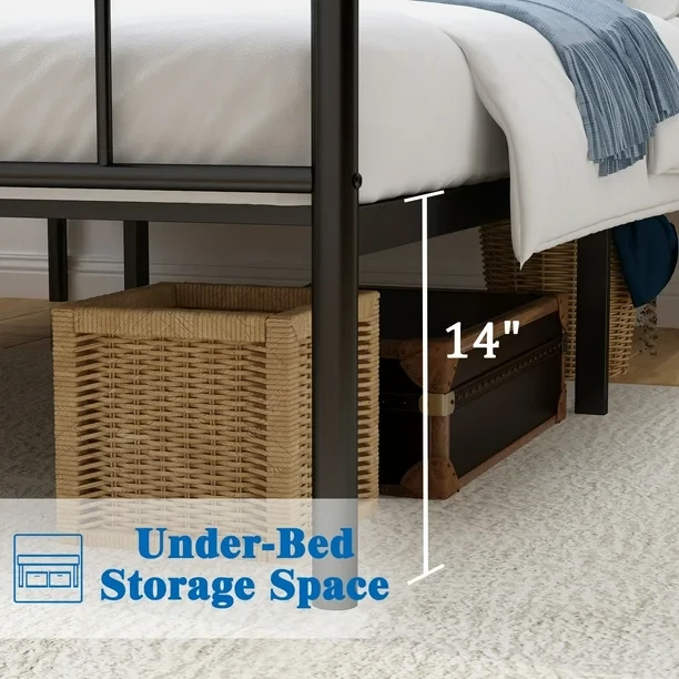 全尺寸14英寸金属平台床架带床头板和踏板,存储空间 — 第 4/4 张图片