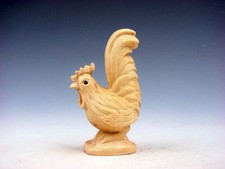 Japanese Boxwood Hand Carved Netsuke Sculpture Big Tail Rooster Chicken #112025