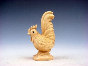 Japanese Boxwood Hand Carved Netsuke Sculpture Big Tail Rooster Chicken #112025