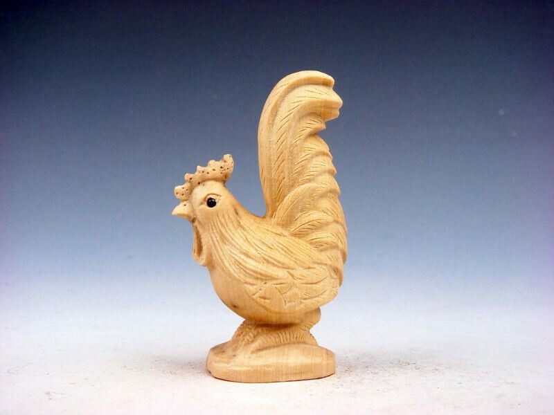 Japanese Boxwood Hand Carved Netsuke Sculpture Big Tail Rooster Chicken #112025