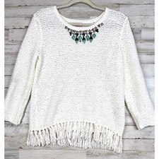 Ruby Rd. Jewels Stones White Sz. Small Open Weave Pullover Boho Sweater Fringe