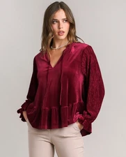 Umgee Women's Garnet Red Velvet Ruffle Collar Long Sleeve Blouse