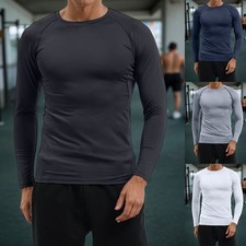 Mens Round Neck Long Sleeve T-Shirt Solid Casual Muscle Slim Fit Tops Tee Blouse
