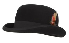 Mens 100 Wool Black Derby Hat with Removable Feather Satin Lined Roll Brim B...