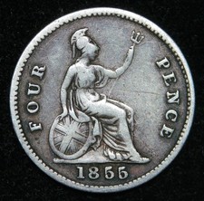 1855 Victoria FOURPENCE GROAT, Young Head Silver Coin - NICE