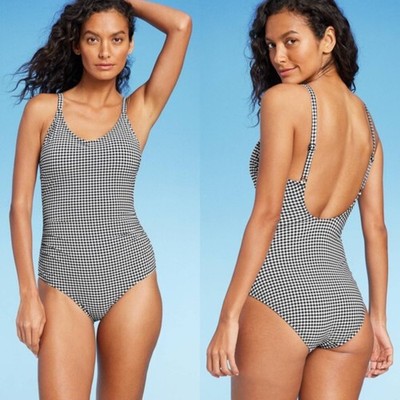 NWT Kona Sol Textured Gingham Ruched Full Coverage One Piece Swimsuit Size Small
