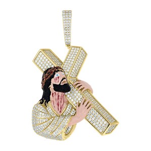 Authentic 925 Yellow Gold Plated Moissanite Enameled Passion of Christ Jesus Pendant 10 CT