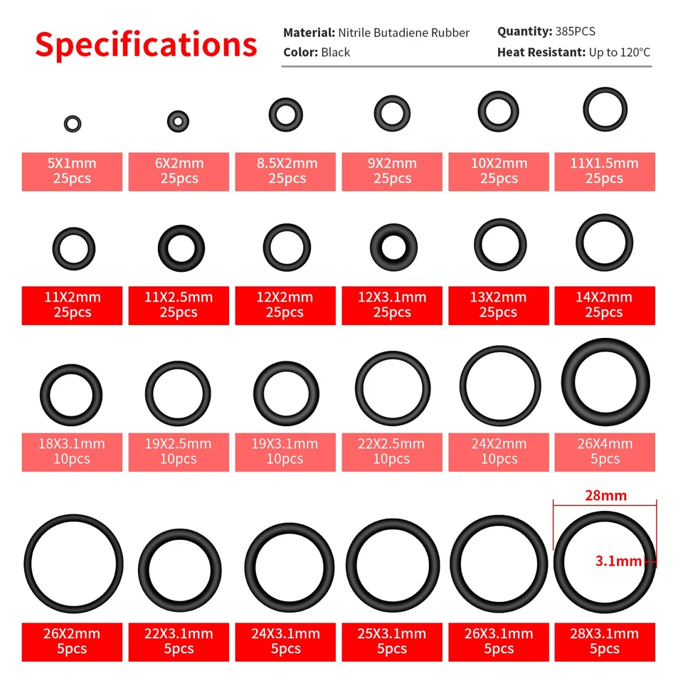 Kit 385 o-ring gomma NBR nero 24 misure guarnizioni tenuta auto clima idraulica - Immagine 2 di 4
