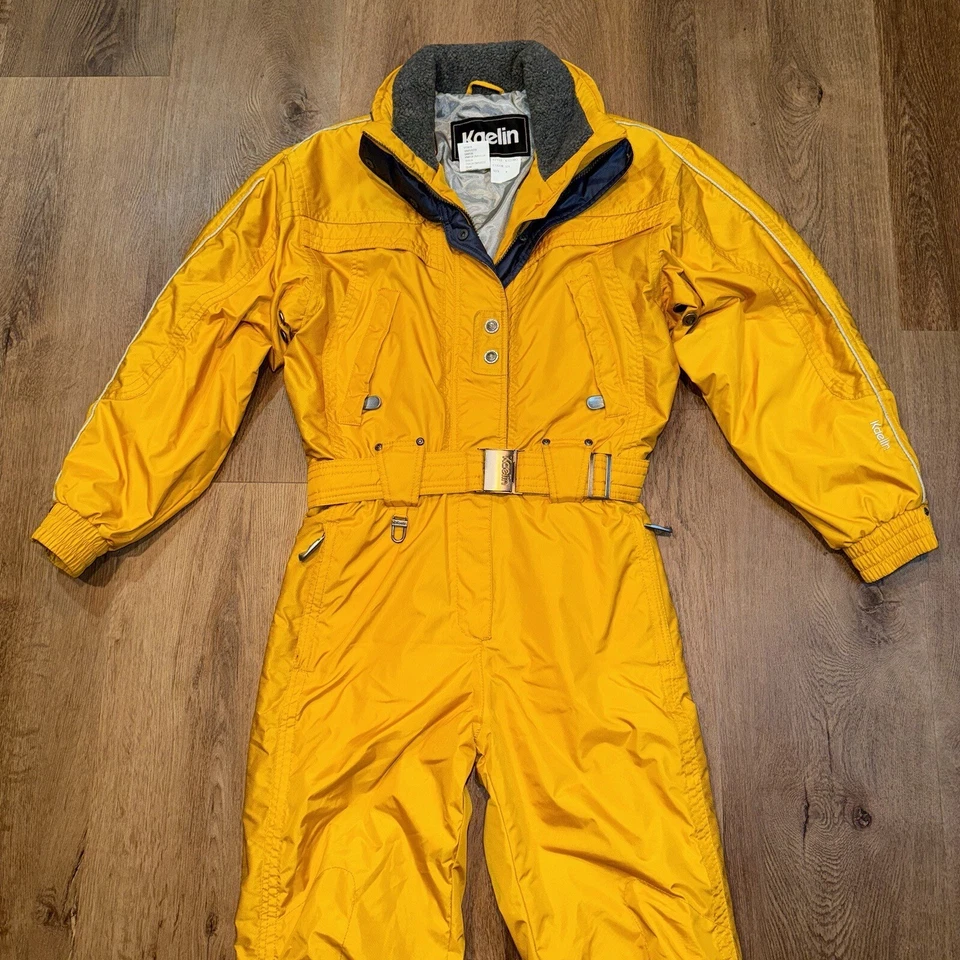Kaelin Ski Suit One Piece Jumpsuit Snowsuit Snow Bib Retro Yellow Vtg Womens 8 - Image 3 of 4