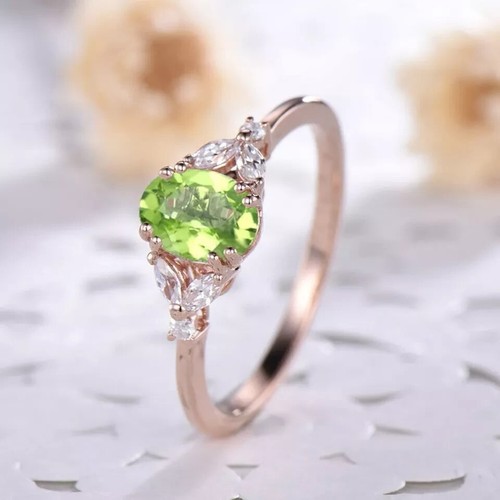 2CT Oval Lab Created Green Peridot Women's Wedding Ring 14K Rose Gold Plated - Picture 5 of 7