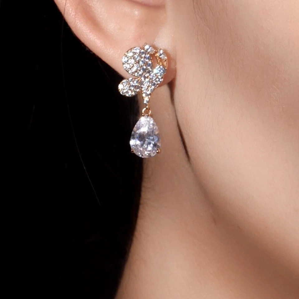 18k gold made with SWAROVSKI crystal butterfly pear drop dangle stud earrings - Image 3 of 4
