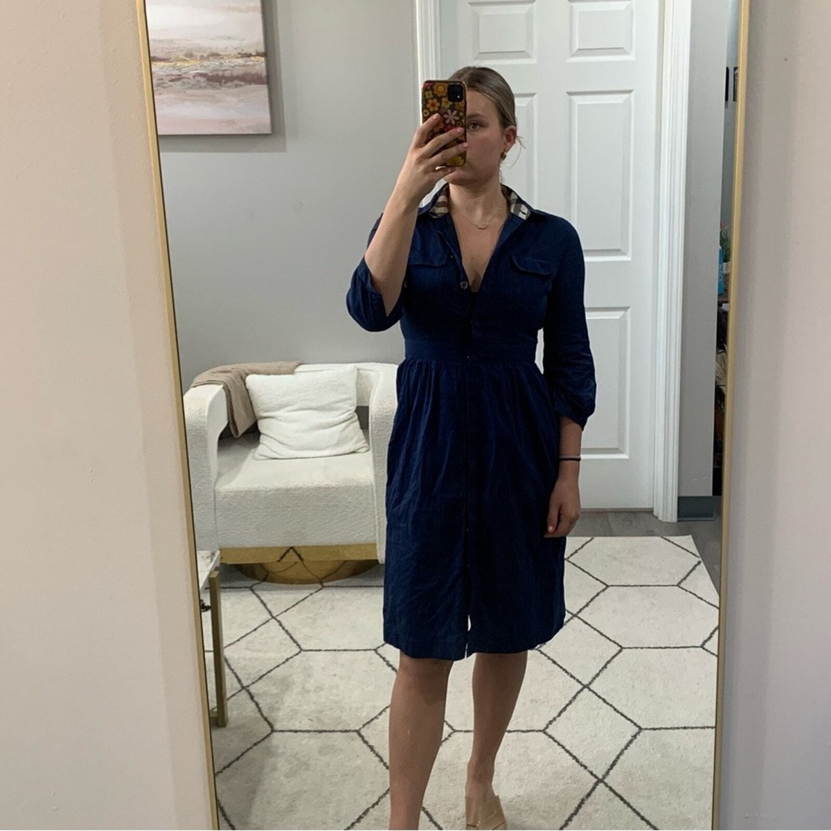 knee length button down dress NSLGXD Womens Denim Dresses Midi Dress Casual Turndown Collar Button Down Long Sleeve Jean Dress Loose Fit Comfy Knee Length Dresses with Pockets