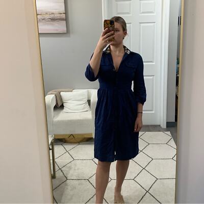 Burberry Shirt Dress Hidden Button Down Knee Length in Navy