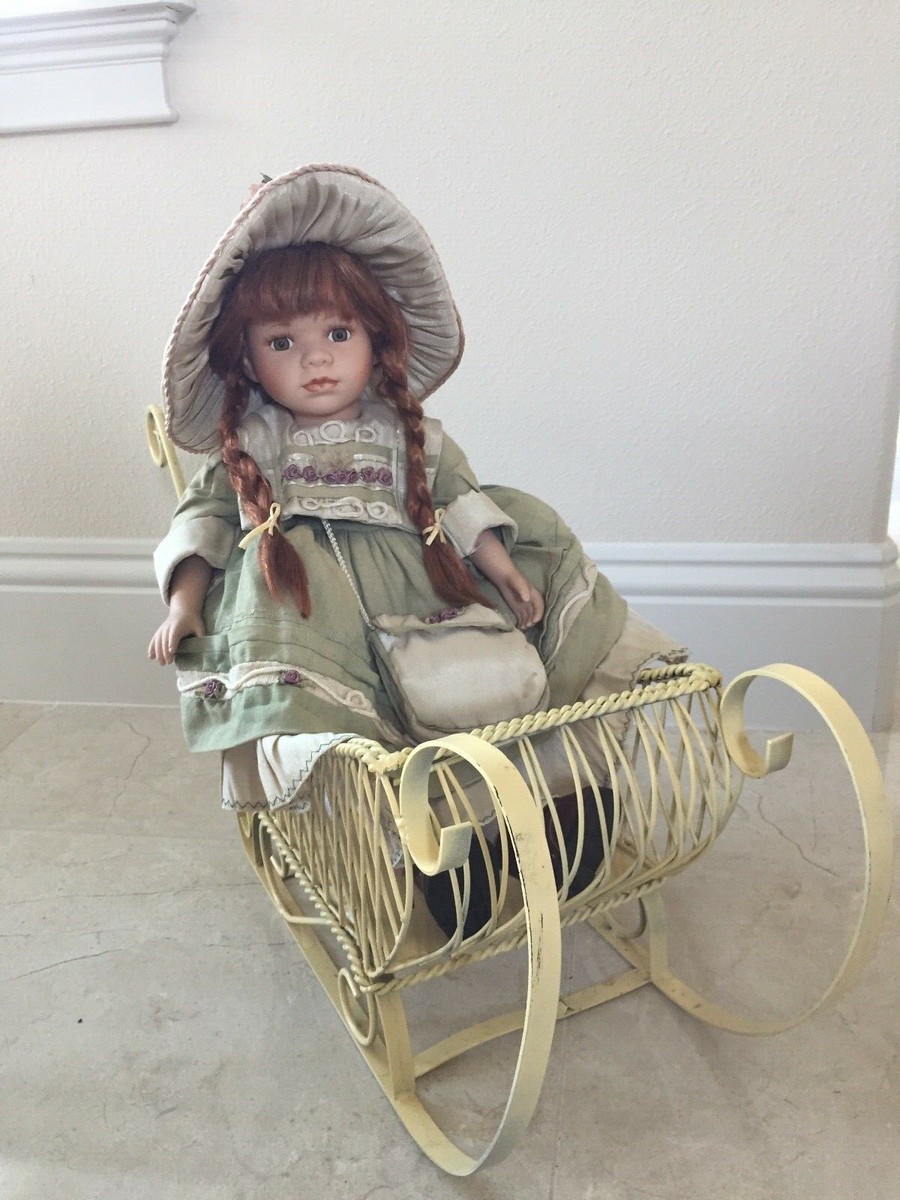 Large Porcelain Doll Red Hair, Outfit, Metal Sleigh Victorian