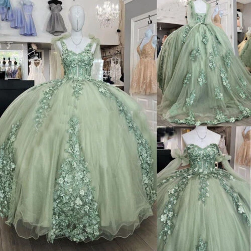 Salbeigrün Quinceanera Kleider süß 15 16 schulterfrei 3D Blumenballkleider - Bild 1 von 11