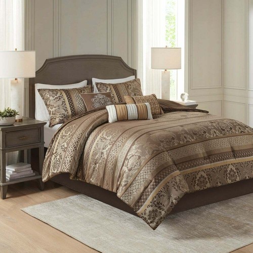 BEAUTIFUL MODERN ELEGANT CHIC RICH BROWN GOLD BRONZE GREY TAUPE COMFORTER SET - 第 2/7 張圖片