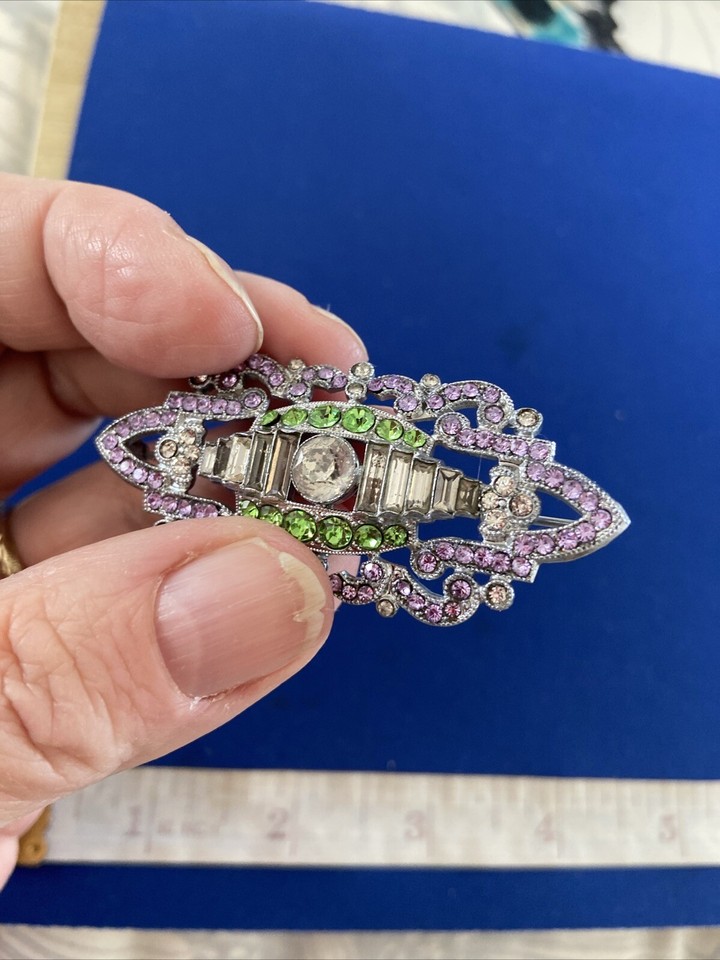 VINTAGE ART DECO JEWELLERY DIAMANTE / PASTE SUFFRAGETTE COLOUR BROOCH